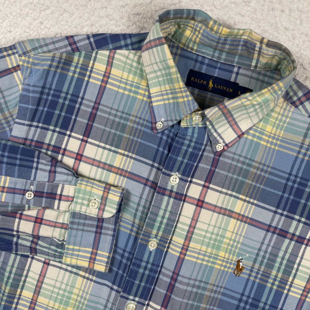Ralph Lauren Button Down Shirt Mens Large Blue Plaid Long Sleeve Classic Fit